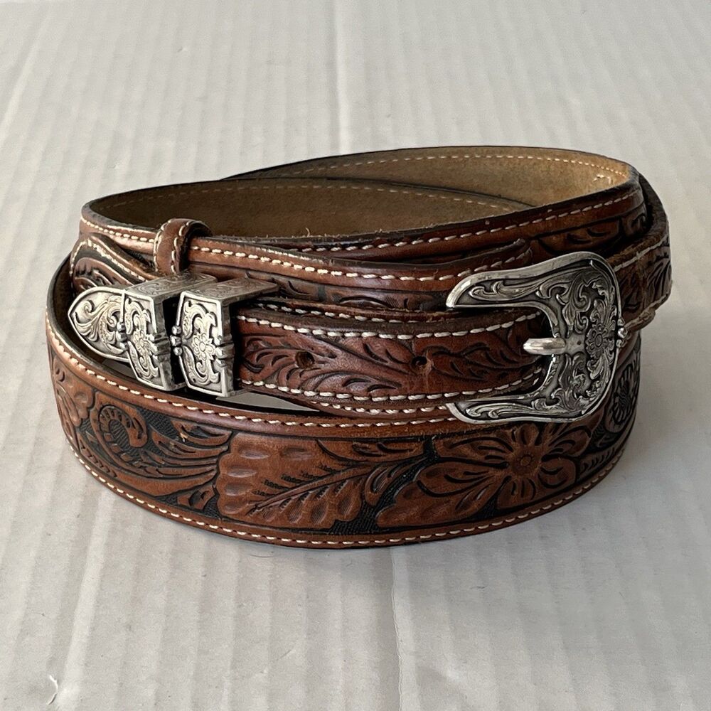 Tony Lama Genuine Leather Belt Hand Tooled Double Keeper Mens 36 Western Cowboy